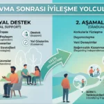 Travma sonrası iyileşme yolculuğu infografiği; psikososyal destek aşamaları, güven inşası, başa çıkma stratejileri ve kademeli maruz bırakma ile aşamalı yüklenme süreci şeması.