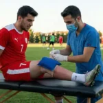 Futbol sahasında sakatlanan sporcuya sağlık görevlisi tarafından yapılan acil müdahale; şişlik ve ağrıyı azaltmak için dize buz torbası uygulaması